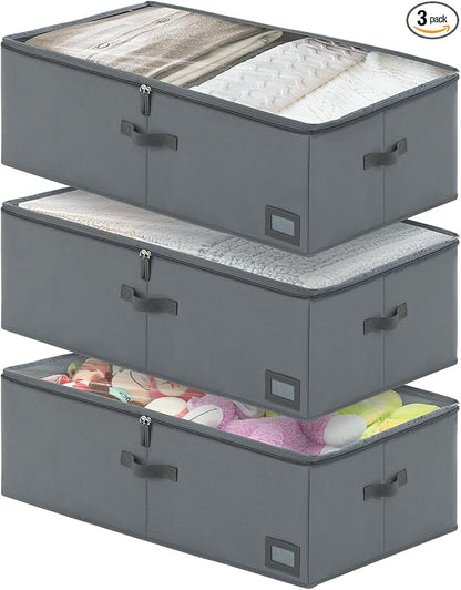 PLUMGEAN 10-Inch Under Bed Storage Containers (3-Pack) | Sturdy Sidewalls | Clear Cover & Label Holder | Foldable Closet Organizer | Stores Clothing/Blankets/Wrapping Paper/Toys