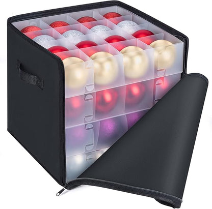BALEINE Christmas Ornament Storage Box with Dividers, Premium Holiday Ornaments Storage Container Bin for Xmas Decorations (64 Ball, Black, Soft)