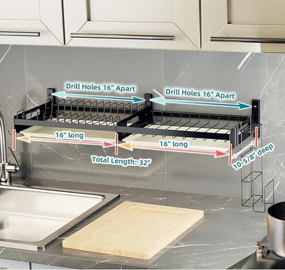 Hanging Wall Mounted Dish Drying Rack with Cutting Board Rack*1, Hook*4, Drain Tray*2, Apartment & RV Wall Mounted Dish Rack, Adhesive Mountable, Mounted Length: 31.8", Washable (Black)