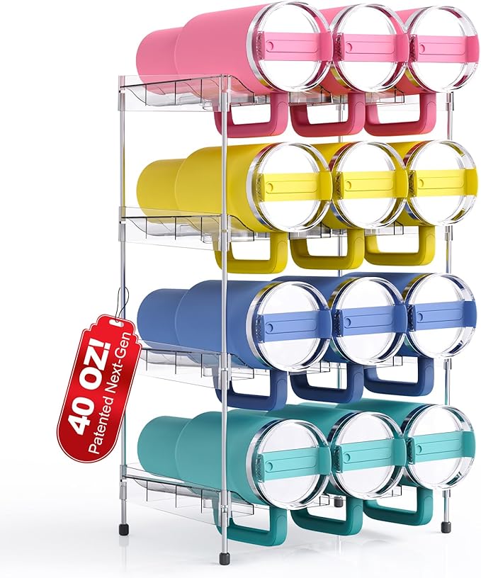 Reusable Stackable with Handle Compartment Water Bottle Tumbler Organizer for Stanley 40oz with Handle Cup, Stanley Accessories for Pantry, Cabinet & Kitchen Organization and Storage,4 Tier Hold 12