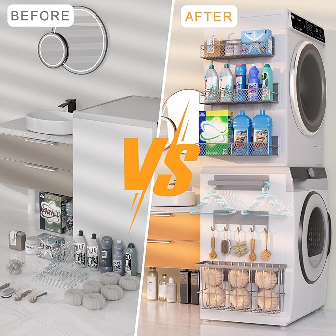 Laundry Organizer with Hanger 6-Pack, Magnetic Shelves for Washing Machine, Magnetic Refrigerator Shelves, Magnet Holder & Baskets, Metal Storage System for Laundry Room, Grey