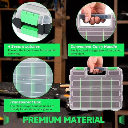 Small Parts Organizer | Storage Case Tools Box 34-Compartments Double Side Organizer Box with Removable Dividers for Small Hardware, Screws, Bolts, Nuts, Nails, Beads (Green)