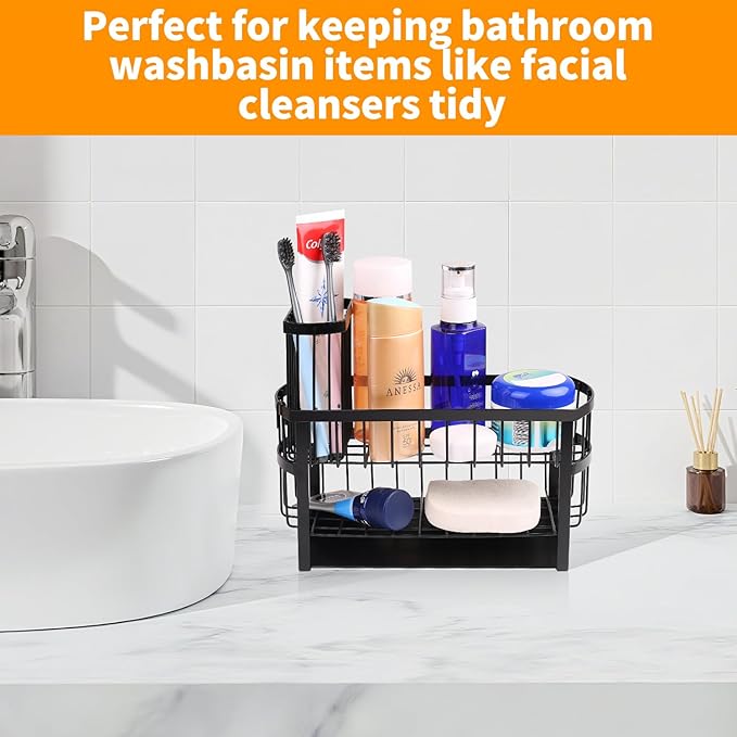 Regogo Kitchen Sink Organizer Rack,2-Tier Sink Caddy with Holder for Pot Brush,Oval Sink Organizer for Sponge