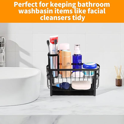 Regogo Kitchen Sink Organizer Rack,2-Tier Sink Caddy with Holder for Pot Brush,Oval Sink Organizer for Sponge