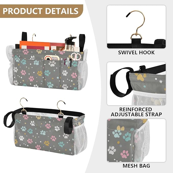 CuwrYet Bedside Caddy Hanging Bunk Bed Caddy Bed Organizer Hanging Pocket with 2 Hooks Bedside Storage Organizer Pocket Bag Holder Paw Print Dots Stars Grey