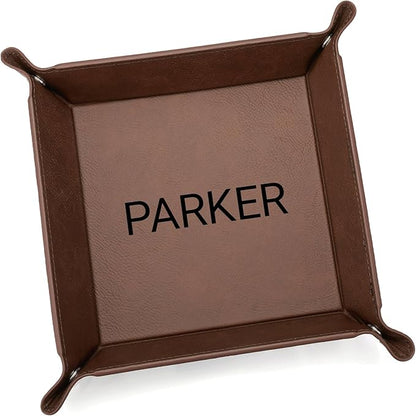 Lifetime Creations Personalized Valet Tray (Brown) - Custom Engraved Vegan Leather Snap Catchall, Gifts for Groomsmen