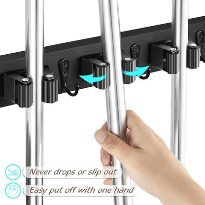 Black Mop Broom Holder Wall Mount with 4 Slots & 4 Hooks - Rustic Wood Broom Mop Hanger for Pantry Closet Laundry Room Organization - Heavy Duty Garden Tool Organizer - Black Kitchen Decor