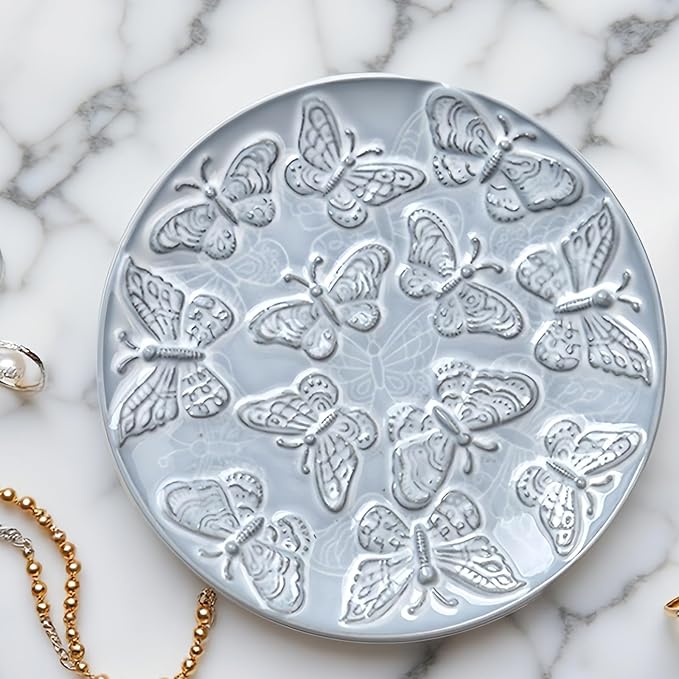 Ceramic Jewelry Dish, Decorative Tray for Rings Earrings Necklaces Bracelet Watch Keys, 4.50" Trinket Tray as Gifts for Women (Antique Butterflies)