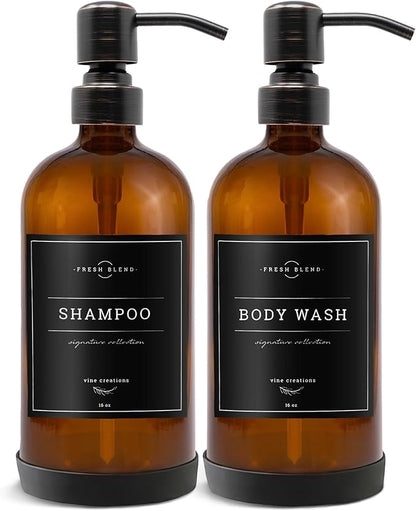 Vine Creations Amber Glass Soap Dispenser, 2 Pack Kitchen Soap Dispenser Set with Stainless Steel Pump, 16 oz Dish Soap and Hand Soap Dispensers for Bathroom with Waterproof Labels