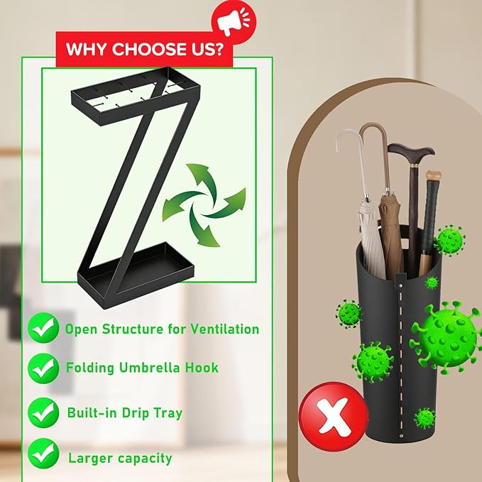 Umbrella Holder for Entryway, Metal Umbrella Stand with Drip Trays, Space-Saving Umbrella Holder, Umbrella Stands Rack, Walking Cane Stand, Black