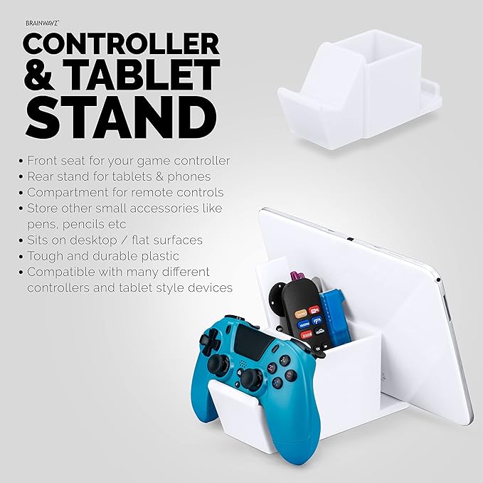 Desk Organizer with Game Controller Holder, Tablet Stand for iPads/iPhones, TV Remote & Pen Storage, Reduce Desktop Clutter, Have All Your Side Table Items in One Space (White)