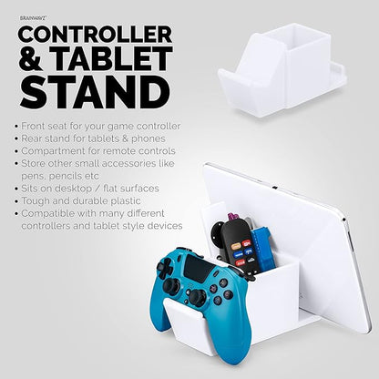 Desk Organizer with Game Controller Holder, Tablet Stand for iPads/iPhones, TV Remote & Pen Storage, Reduce Desktop Clutter, Have All Your Side Table Items in One Space (White)
