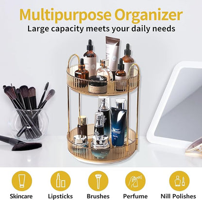 Asayuee 360 Rotating Gold Makeup Organizer,2 Tier Large Capacity Rotating Makeup Organizer,SkincarePerfume Organizer,Bathroom Cosmetics Storage Organizer Countertop (Gold-2 Tier)