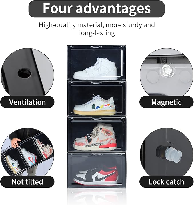 OMOPIN XL clear shoe storage boxes stackable, 8 Pack Large Shoe Boxes Clear Plastic Stackable, Drop side Sneaker Container Fit Size 13 (Black 8 Pack)