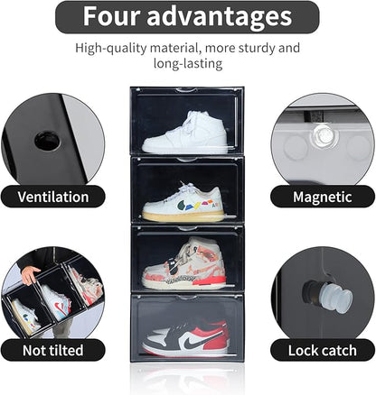 OMOPIN XL clear shoe storage boxes stackable, 8 Pack Large Shoe Boxes Clear Plastic Stackable, Drop side Sneaker Container Fit Size 13 (Black 8 Pack)