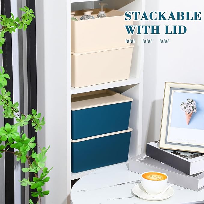 Menkxi 4 Pcs Storage Bins with Lids Plastic Stackable Containers for Organizing Shelves Christmas Ornament Box Baskets(Beige, Blue,Small)