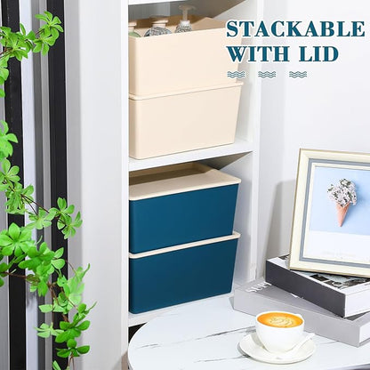 Menkxi 4 Pcs Storage Bins with Lids Plastic Stackable Containers for Organizing Shelves Christmas Ornament Box Baskets(Beige, Blue,Small)