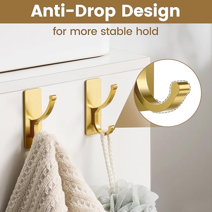 pickpiff Adhesive Wall Hooks with Strip - No Residue, Easy to Remove, Strong Heavy Duty Sticky Towel Hook, 4 Pack Brushed Gold
