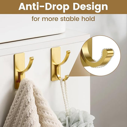pickpiff Adhesive Wall Hooks with Strip - No Residue, Easy to Remove, Strong Heavy Duty Sticky Towel Hook, 4 Pack Brushed Gold