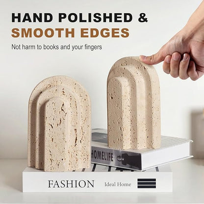 Natural Marble Book Ends - Heavy Duty Bookends for Shelves - Aesthetic Layered Arch Design Stone Book Holders, Unique Modern Office Bookshelf Stopper Decor for Books/CDs(Travertino Turkey)