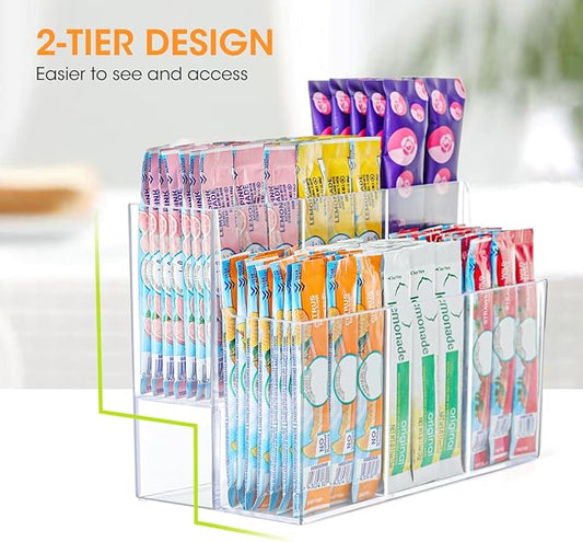 AIEVE Drink Packet Organizer, 2-Tier Water Flavor Packet Holder for Pantry Storage, Acrylic Drink Mix Organizer Hydration Powdered Mixes Holder Container for Cabinet Kitchen Storage