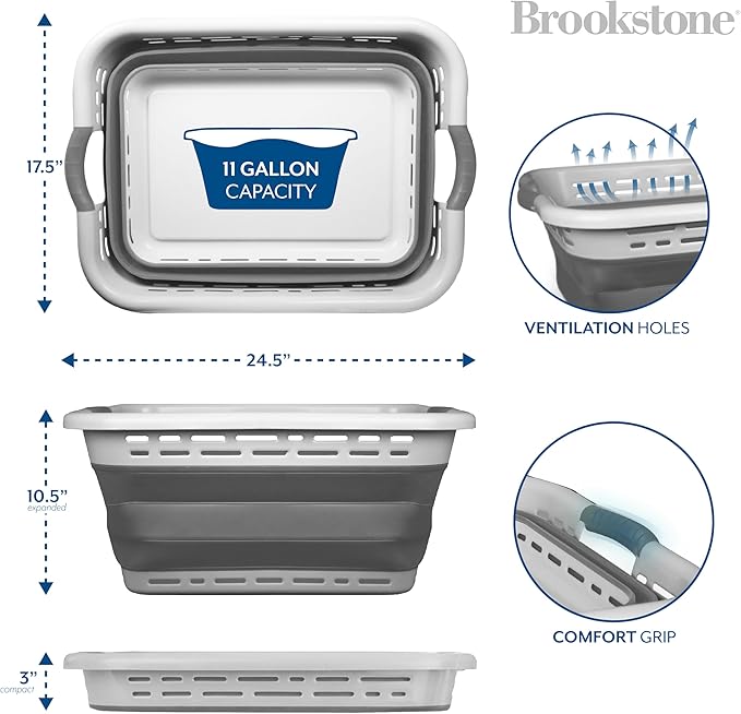 BROOKSTONE 11 GALLON XL 24" Collapsible Laundry Basket, Comfort Non-Slip Grip Handles, Modern Minimalist Space Saving Design, Portable Pop-Up Hamper, BPA FREE, Light Grey, 1 Basket