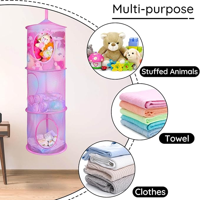 Basumee Stuffed Animals Net or Hammock 2 Pcs Stuffed Animals Storage Toy Net Hammock for Plushies Storage Organizer Mesh Kids Girls Room Decor, Pink, 3 Tiers