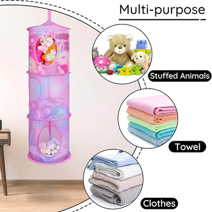 Basumee Stuffed Animals Net or Hammock 2 Pcs Stuffed Animals Storage Toy Net Hammock for Plushies Storage Organizer Mesh Kids Girls Room Decor, Pink, 3 Tiers