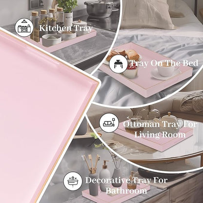 MAONAME Pink Serving Tray with Handles, Modern Decorative Tray for Coffee Table, Plastic Rectangular Trays for Ottoman, Bathroom, Decor, 15.8” x 10.2” x 1.4"