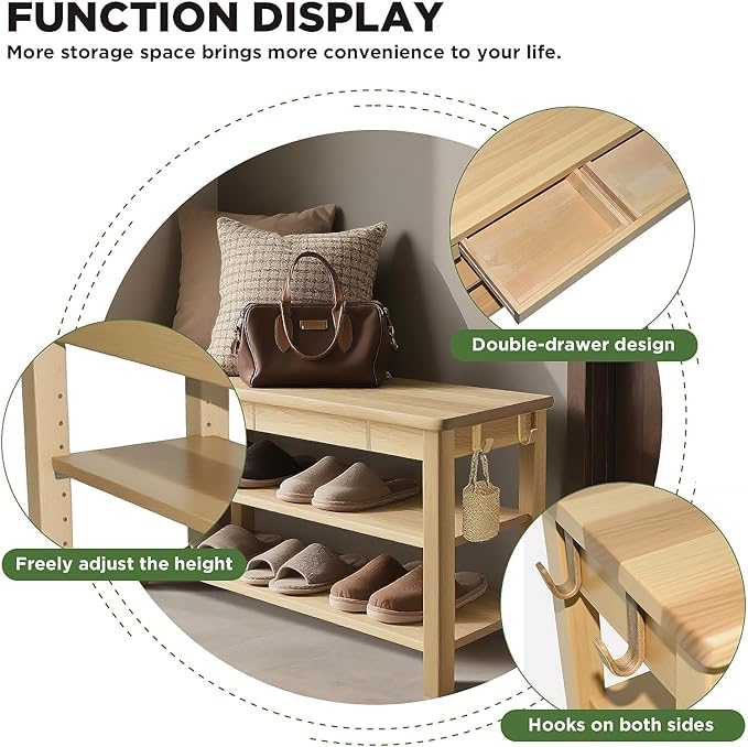 Shoe Storage Bench Wood Entryway: Shoe Rack Bench with Drawer 3-Tiers Height Adjustable,Rustic Wooden Organizer for Front Door Entrance Hallway Living Room,Mudrooms (Natural 2-Tiers, 43.3")
