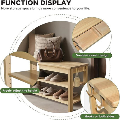 Shoe Storage Bench Wood Entryway: Shoe Rack Bench with Drawer 3-Tiers Height Adjustable,Rustic Wooden Organizer for Front Door Entrance Hallway Living Room,Mudrooms (Natural 2-Tiers, 43.3")