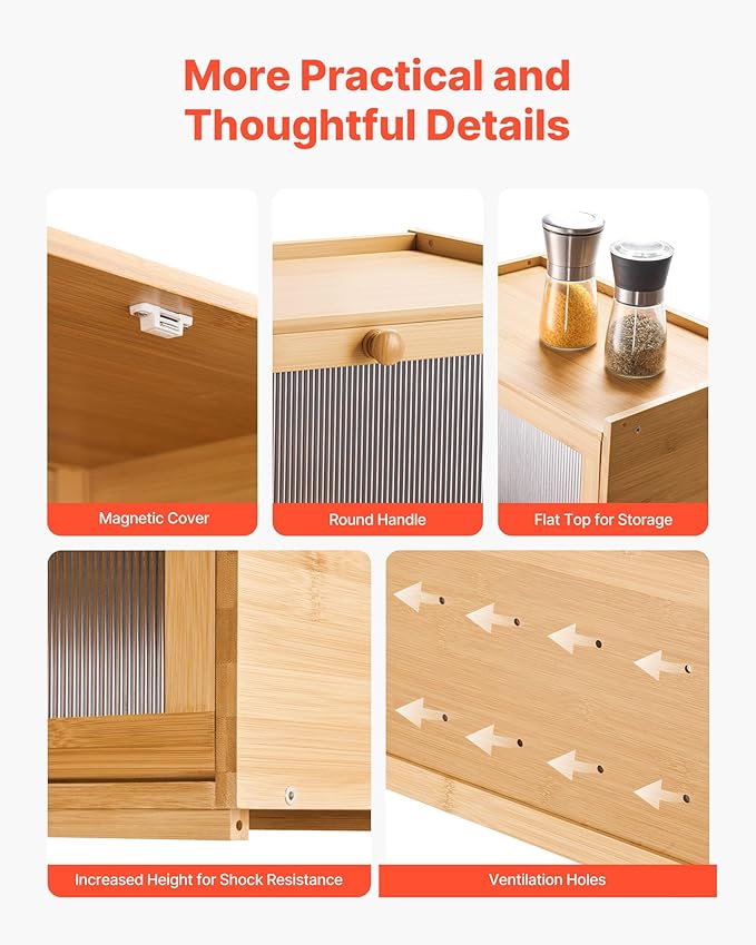 VEVOR Bread Box for Kitchen Counter, Large Capacity Bamboo Bread Storage Container, Farmhouse Wooden Breadbox Organizer for Homemade Bread, Storage Holder Bin with Acrylic Wavy Door Panel, Natural