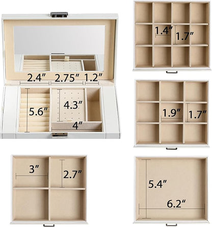 Frebeauty 5-layer Jewelry Box,Faux Leather Jewelry Organizer with 4 Drawers,Jewelry Organizers and Storage with Mirror,Jewelry Holder Organizer for Necklace,Jewerly Boxes for Women Girls(White)