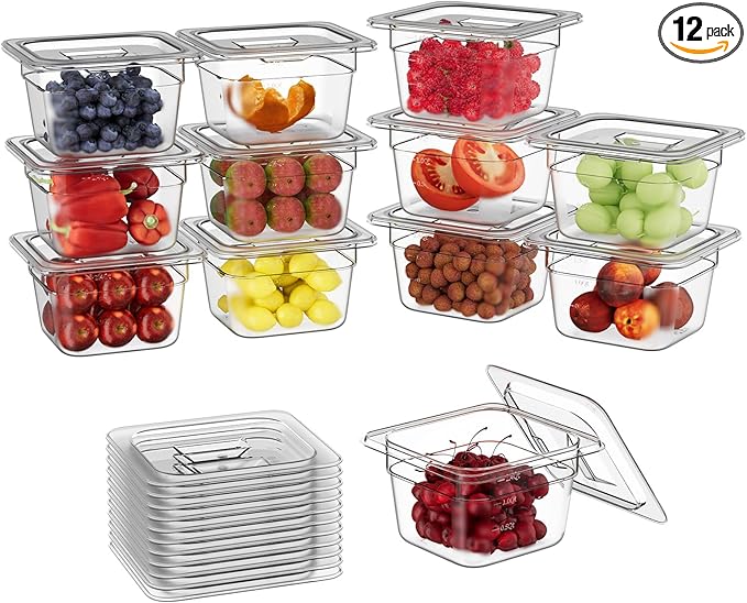 FORITRUE 1/6 4'' 12 Pack Plastic Food Pans With Lids, Clear Food Pan, Commercial Stackable Polycarbonate Freezer-Safe for Fruits Vegetables Restaurant Kitchen