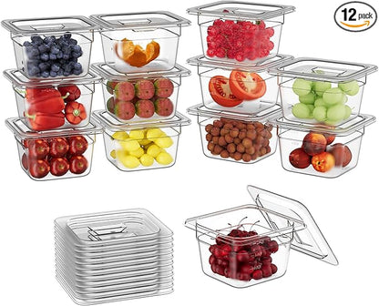 FORITRUE 1/6 4'' 12 Pack Plastic Food Pans With Lids, Clear Food Pan, Commercial Stackable Polycarbonate Freezer-Safe for Fruits Vegetables Restaurant Kitchen