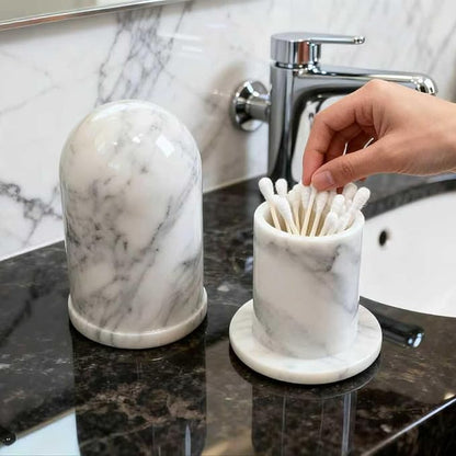 Terramason Marble Qtip Holder with Lid for Cotton Swabs, Balls, Pads, Floss Picks, Bathroom Vanity Organizer Storage Container Decor