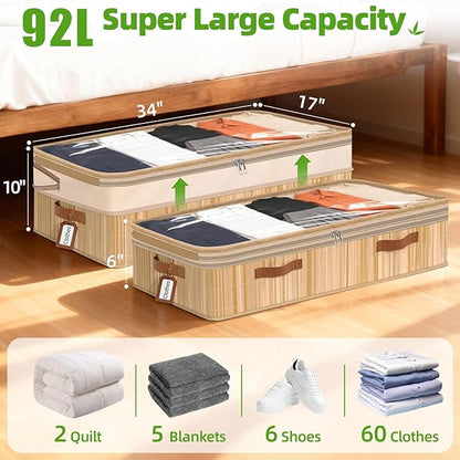 Livole Bamboo Under Bed Storage, 6-10 inches Height Adjustable Underbed Storage Containers, 92L XXXL Large Under Bed Storage Bins with Clear Lid & Label for Clothes, Blankets, Sweater, Shoes, 1 Pack
