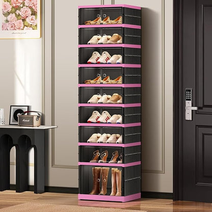 CIMLORD 9-Tier Foldable Shoe Rack Organizer for Closet,18 Pairs Collapsible Plastic Shoe Shelf,Clear Stackable Shoe Storage Boxes with Door Easy Assembly,Shoe Cabinet with Lids Large（Black-pink）