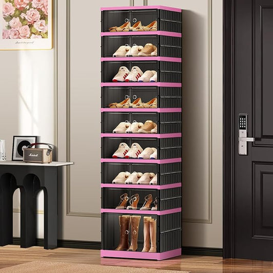 CIMLORD 9-Tier Foldable Shoe Rack Organizer for Closet,18 Pairs Collapsible Plastic Shoe Shelf,Clear Stackable Shoe Storage Boxes with Door Easy Assembly,Shoe Cabinet with Lids Large（Black-pink）