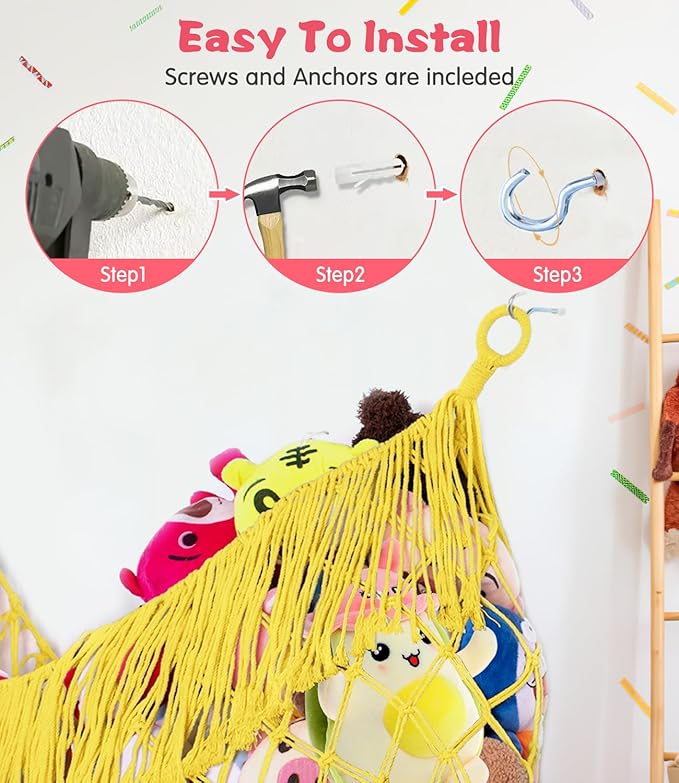 Stuffed Animal Hammock - Extra Large 63'' Long, Stuffed Animal Storage, stuffed animal Holder net, Hammock Large, Storage Hanging Organizer - Lemon yellow