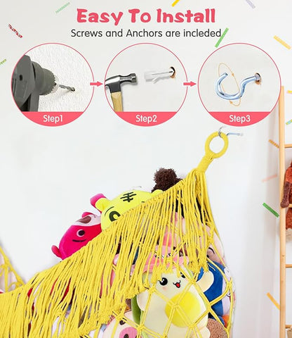 Stuffed Animal Hammock - Extra Large 63'' Long, Stuffed Animal Storage, stuffed animal Holder net, Hammock Large, Storage Hanging Organizer - Lemon yellow