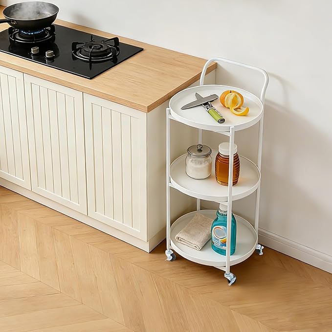 Round 3-Tier Rolling Bar Cart with Locking Wheels, Metal Serving Cart with Handle, 18" x 16" Mobile Organizer for Dining Room, Living Room, Bar (White)