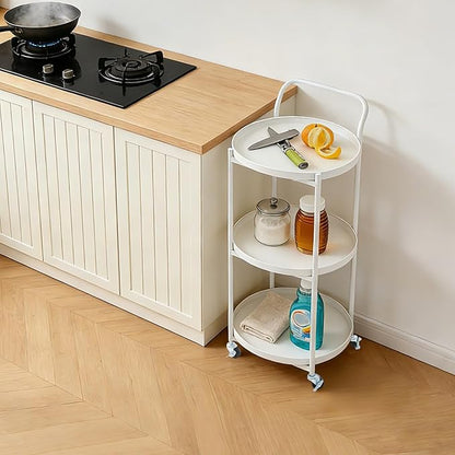 Round 3-Tier Rolling Bar Cart with Locking Wheels, Metal Serving Cart with Handle, 18" x 16" Mobile Organizer for Dining Room, Living Room, Bar (White)