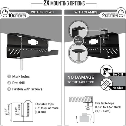 Under Desk Cable Management Tray no Drill – Wire Management - Cord Organizer – Huge Load Capacity – Under Desk Cable Tray no Drill (Black, 2 Pieces Set)