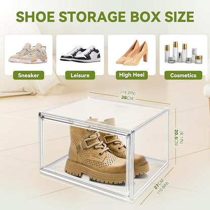 EDS FAM 1 Pack Shoe Display Case Plastic Shoe Storage Box with Magnetic Acrylic Door Size 12.5, Transparent Sneaker Boxes Shoe Rack Substitute Closet Organizers Storage Bins, Easy Assembly