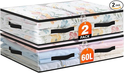 EdenDwell 2 Pack Under Bed Storage Bags, 60L Foldable Clear Storage Containers with Handles, Dual Zippers for Comforter, Clothes, Bedding, Linen Sheets, Sweaters, Blanket Storage
