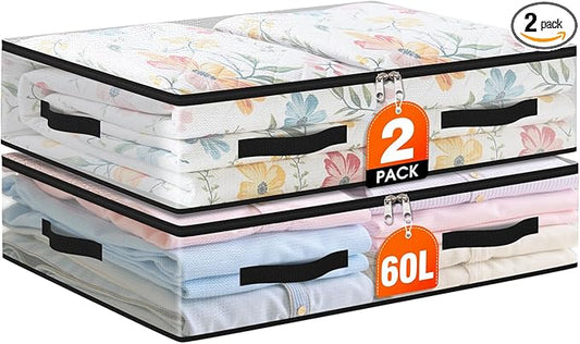 EdenDwell 2 Pack Under Bed Storage Bags, 60L Foldable Clear Storage Containers with Handles, Dual Zippers for Comforter, Clothes, Bedding, Linen Sheets, Sweaters, Blanket Storage
