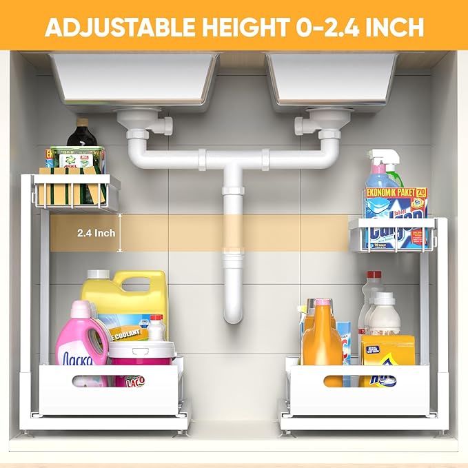Under Sink Organizer Storage 2-Tier Premium Metal Pull-Out Racks, Height Adjustable, Heavy Dut and Easy Installation for Kitchen & Bathroom Organizers 1 Pack White