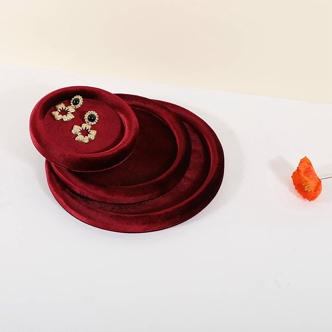 GemeShou Round Jewelry Organizer Plate, Top Microfiber Velvet Jewelry Display Tray, Empty Jewelry Showcase Tray for Necklaces, Bracelets, Rings, Earrings (Red-Medium, 7.9 x 7.9 in)