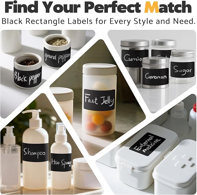 180Pcs Chalkboard Labels for Jars, Waterproof Reusable Blackboard Stickers with 1 Liquid Chalk Markers, Kitchen Organization Labels Removable (Black, Rectangle)